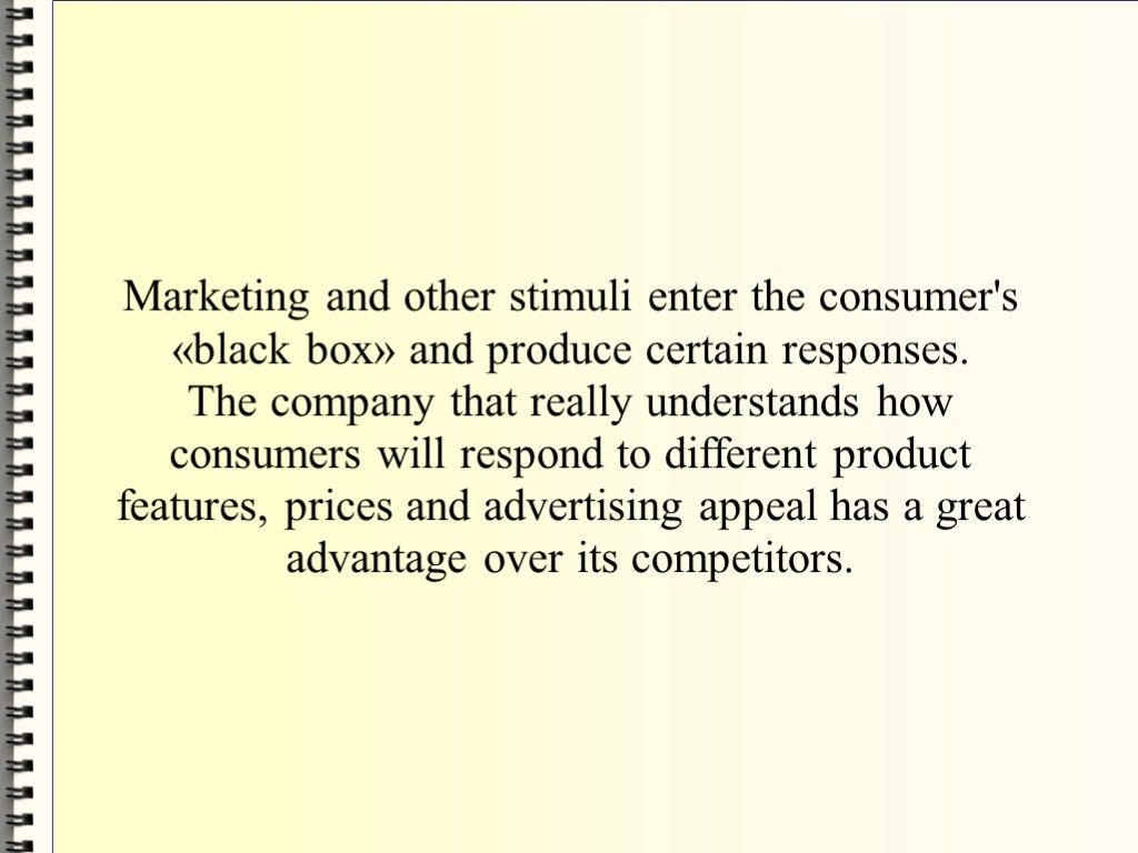 Marketing and other stimuli enter the consumer's «black box» and produce certain responses. The